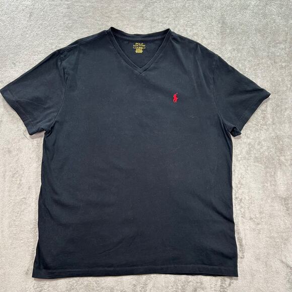 Polo Ralph Lauren T- Shirt Mens Large Black Red Pony Short Sleeve V-Neck Classic - Picture 1 of 7